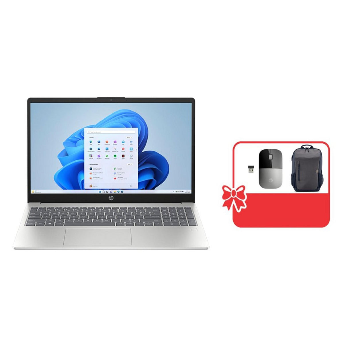 HP 15-FD0212NE laptop with accessory bundle - front