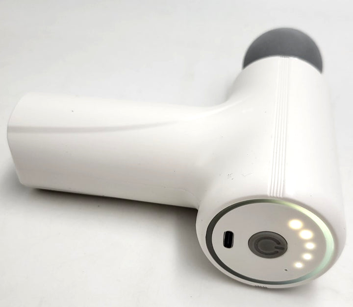 Mini Massage Gun white rear control panel with power button, LED indicators and USB-C charging port