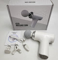Mini Massage Gun white with retail box, four massage heads, USB cable and manual