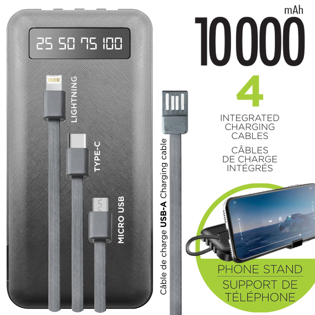 10000mAh power bank with four integrated charging cables and phone stand