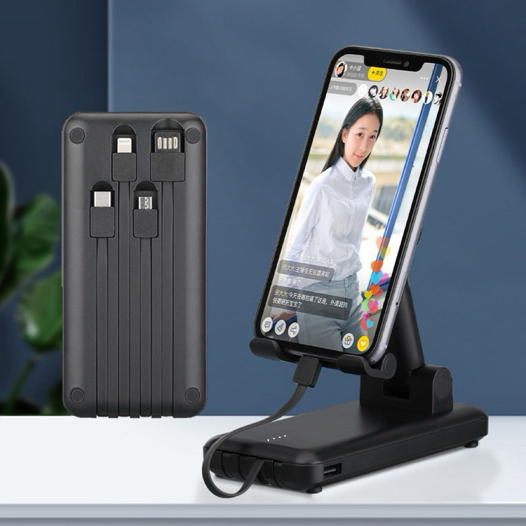 OIARME 10000mAh Power Bank with built-in stand and cables - black