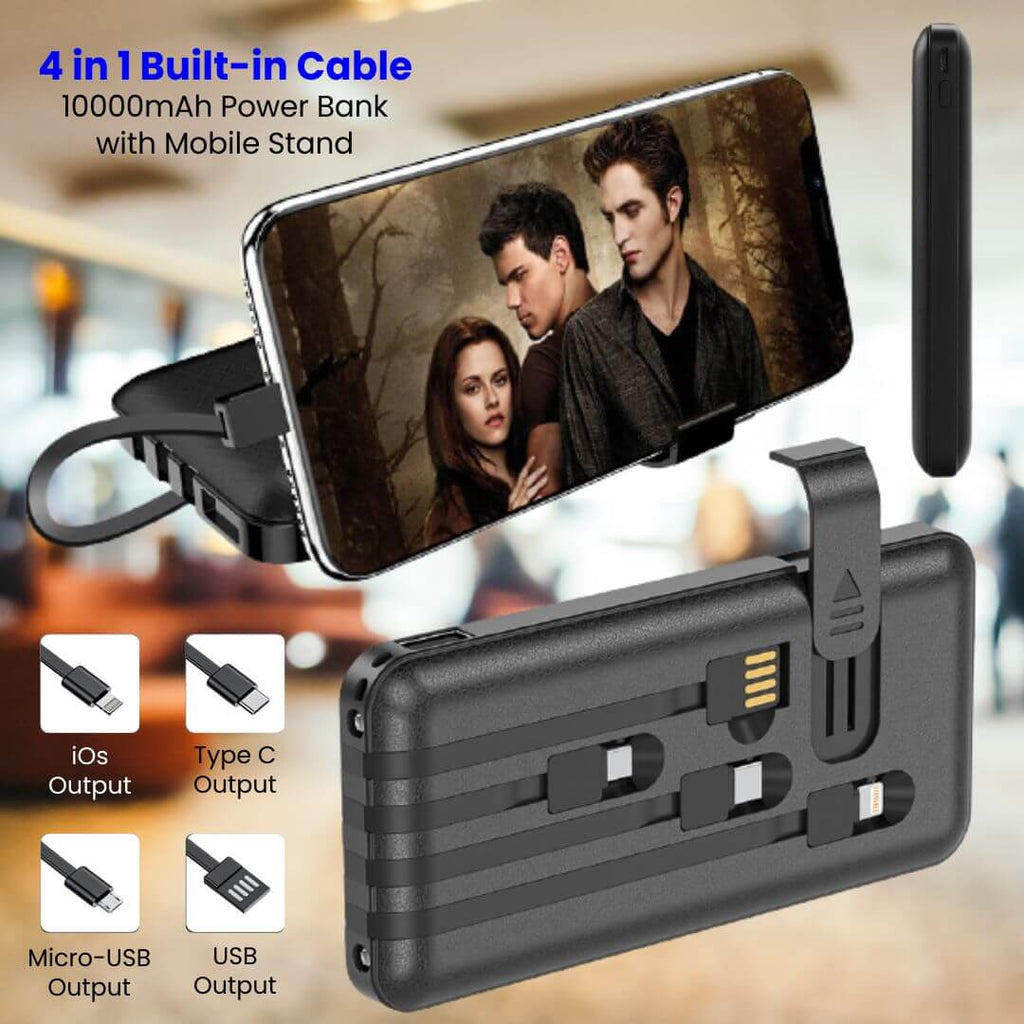 10000mAh power bank with built-in cables and mobile stand