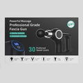 Professional Grade Fascia Gun 6-in-1 black package showing digital display and six massage heads