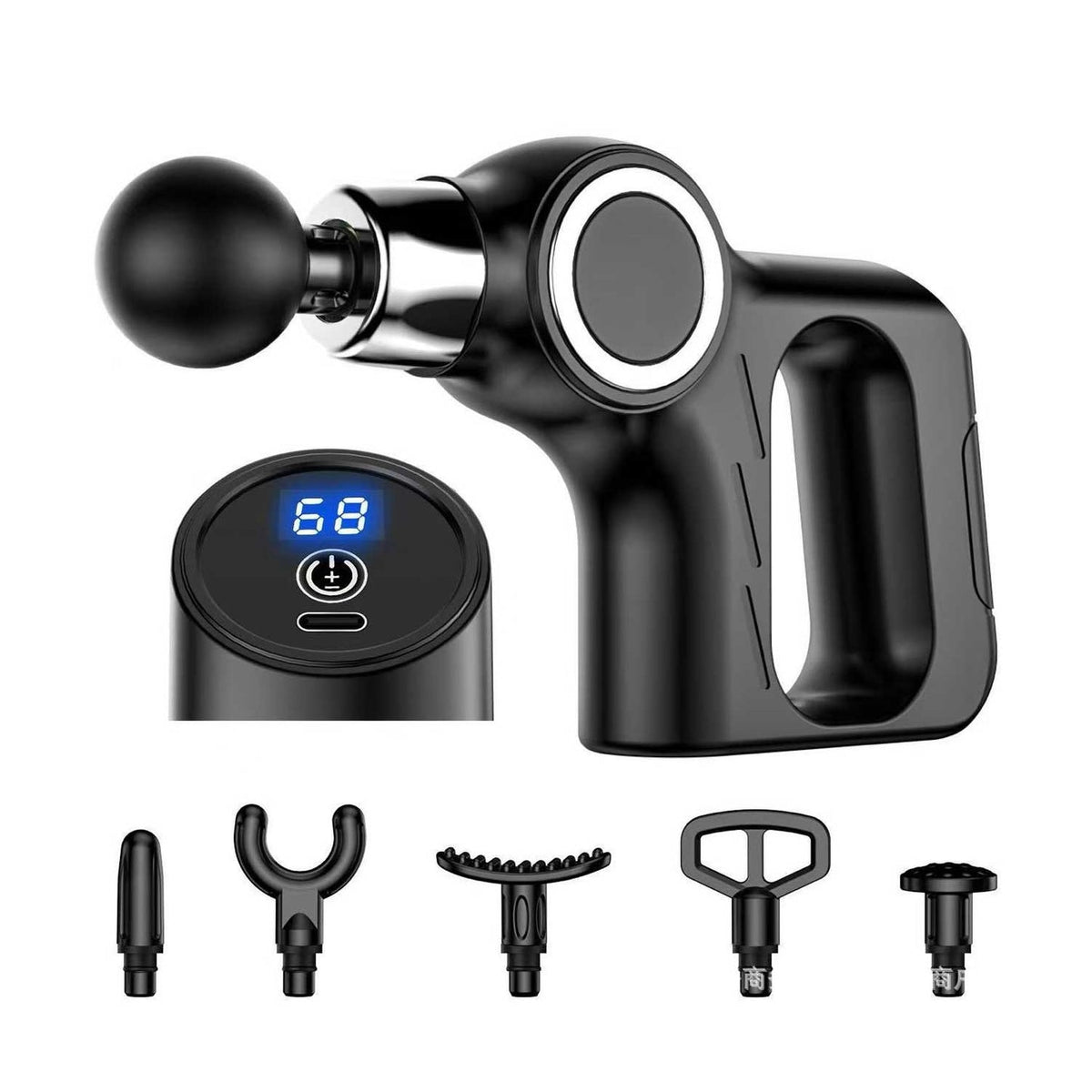 Black digital fascia massage gun with six interchangeable massage heads and LED display