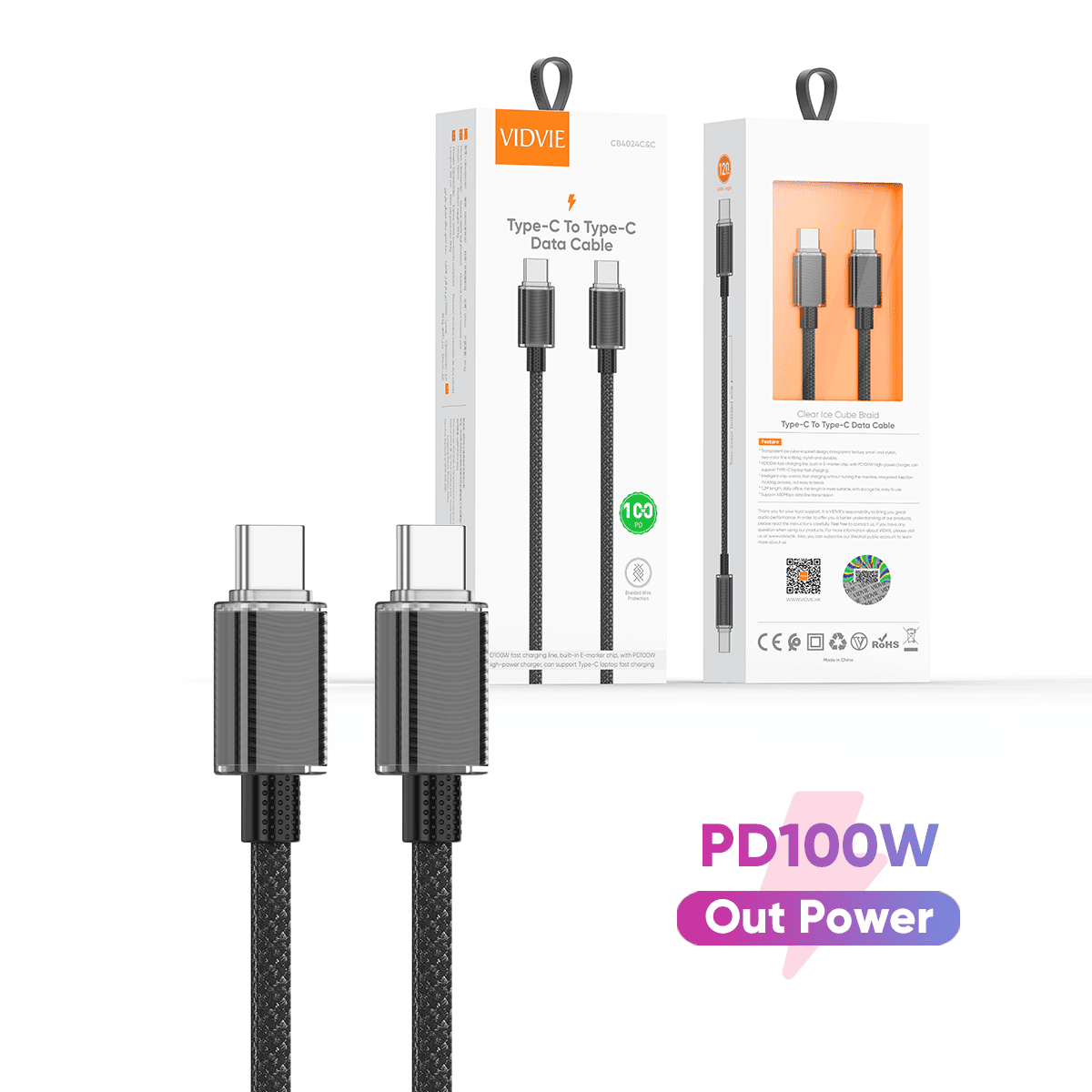 VIDVIE CB4024C&C USB-C to USB-C 100W PD cable Black